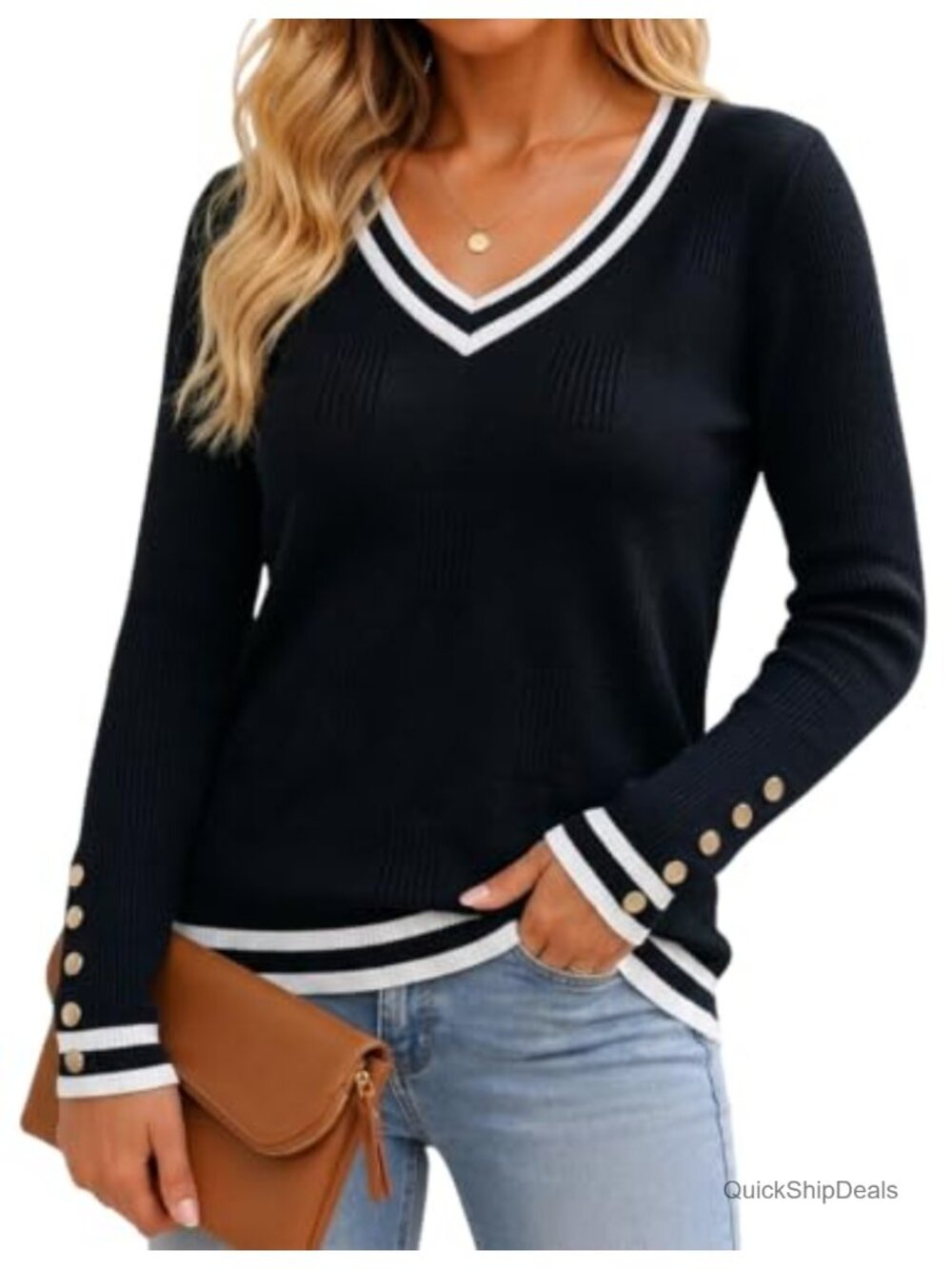 Women's V-Neck Knit Sweater Long Sleeve Color Block Pullover